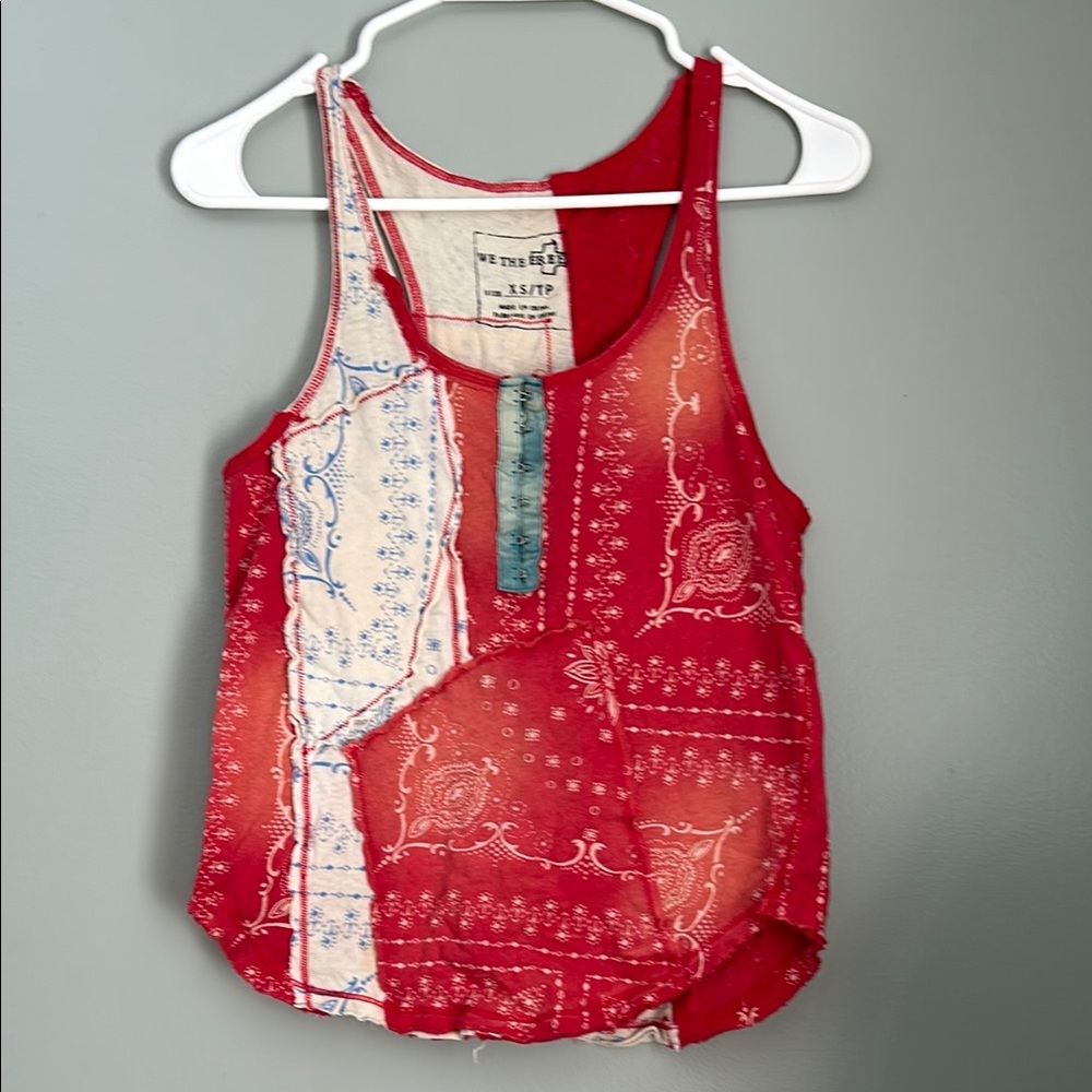 Free People Cream and Red Tank Top with Unique Design